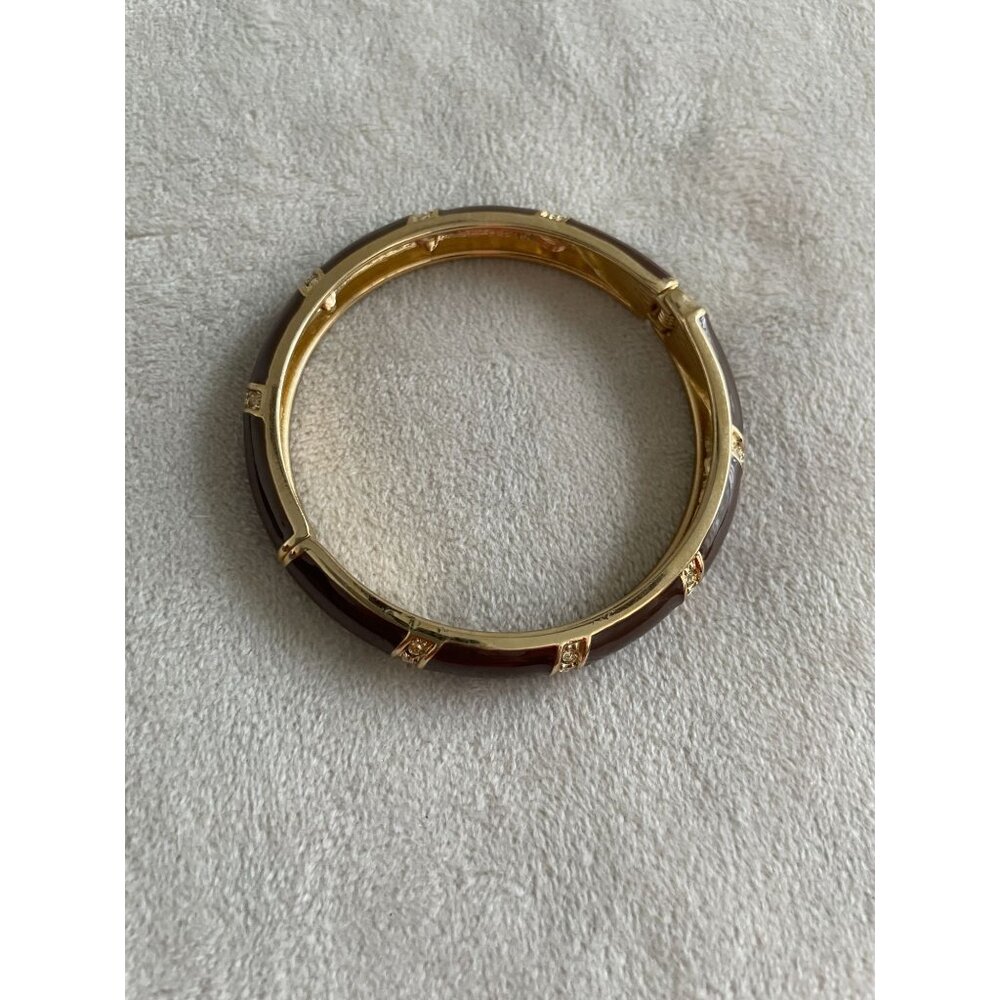 Vintage Brown & Gold-Tone Hinged Bracelet With Rhinestone Accents - Picture 2 of 2